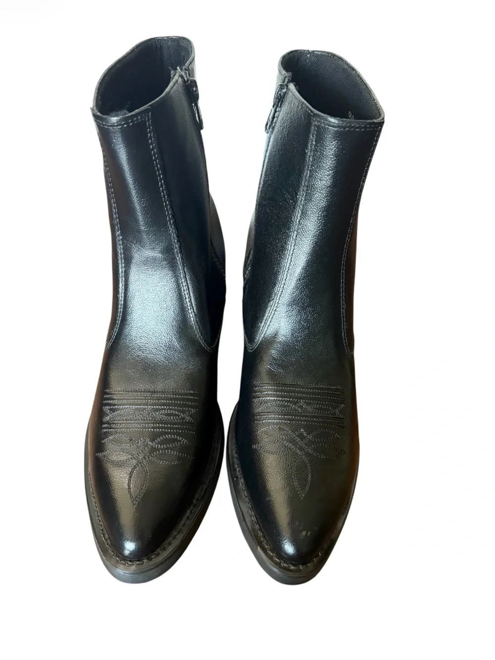 Old West Black Leather Zip Ankle Boots with Stitched Toe 9D
